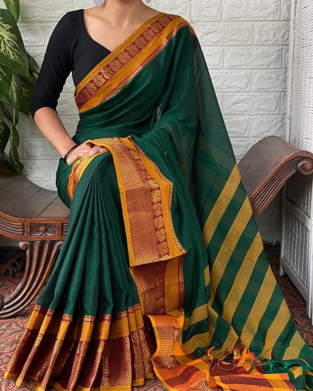 Elegant Narayanpet Cotton Sarees: Peacock Zari Border Elegant Narayanpet Cotton Sarees: Peacock Zari Border